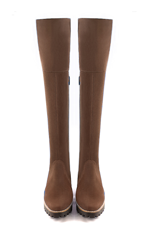 Chocolate brown women's leather thigh-high boots. Round toe. Low rubber soles. Made to measure. Top view - Florence KOOIJMAN
